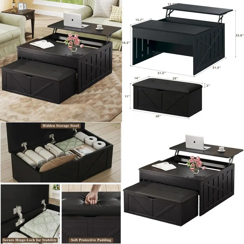 

Большой журнальный столик с отсеком для хранения и пуфиком, деревянный центральный столик для гостиной, черный