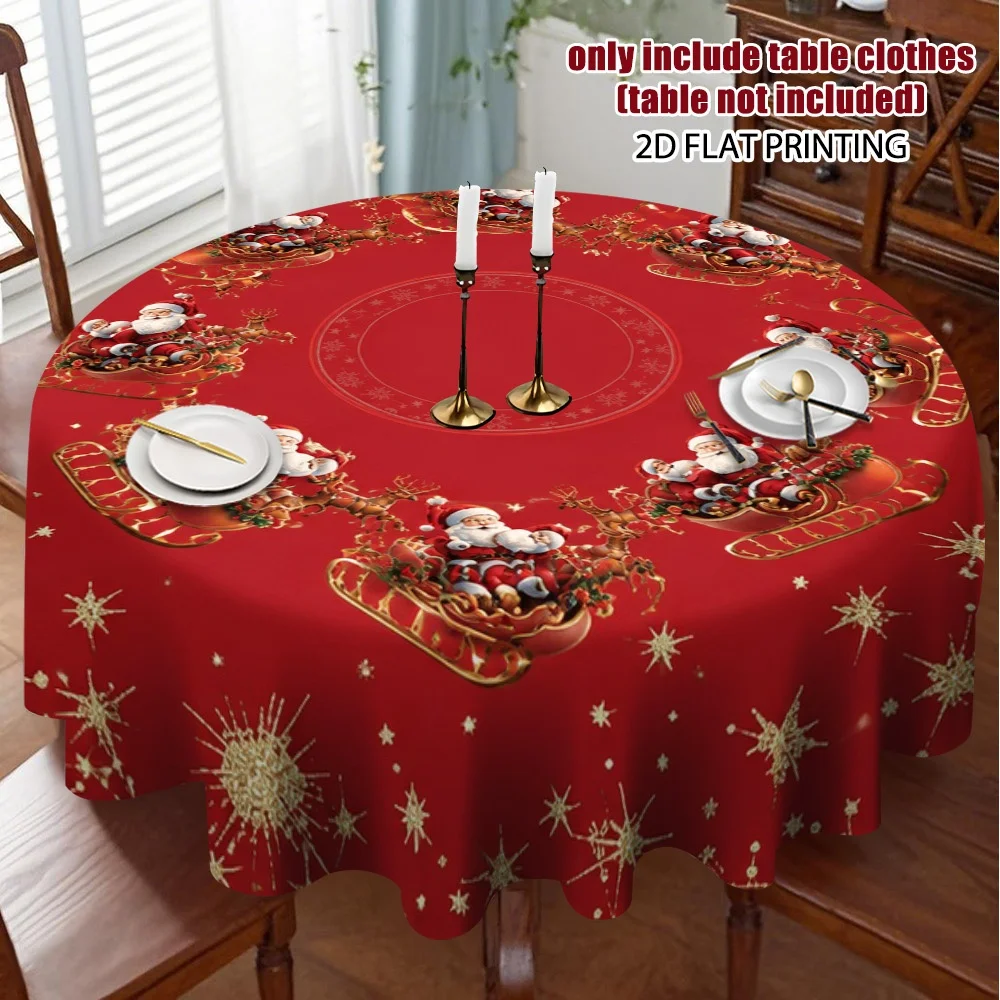 2D graphic printing, 1-piece Santa sled pattern round tablecloth design, creating a warm restaurant atmosphere,