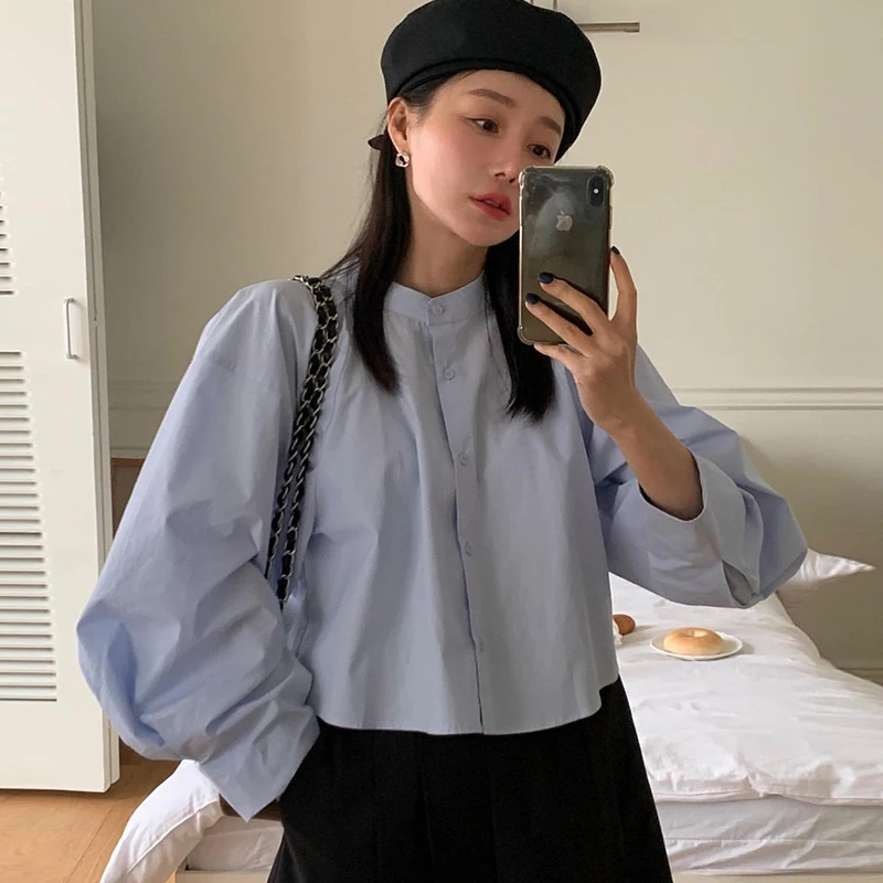 

Korean Chic Minimalist Spring Graceful Stand Collar Loose Leisure All-Matching Solid Color Puff Sleeve Shirt Top