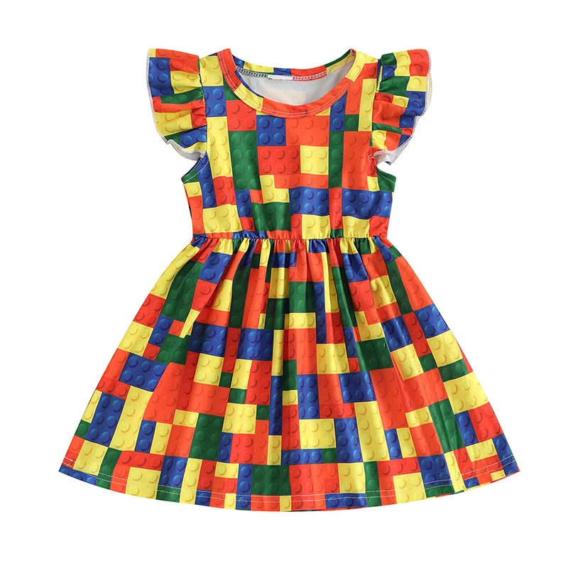 Girl Building Block Print Dress Fly Sleeve A-line Princess Dress Casual Summer Streetwear