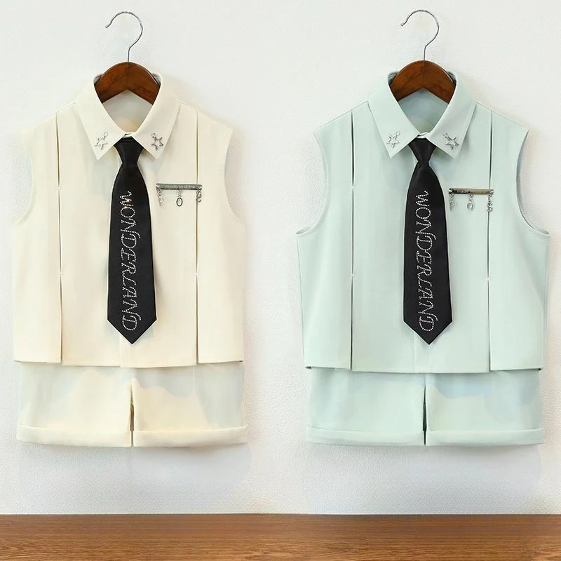 Boys Summer Vest Outfit Sleeveless Shirt Shorts 2-Piece Stylish Kids Clothes Set Beige Gentleman Page Boy Wedding Party Costume