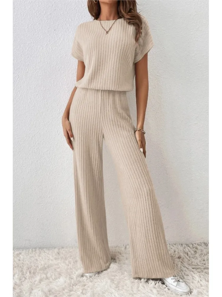 Homewear Long Pant Sets Women Outfits 2024 Summer Autumn Short Sleeve T-shirt Top + Straight Loose Wide Leg Pants 2 Piece Set