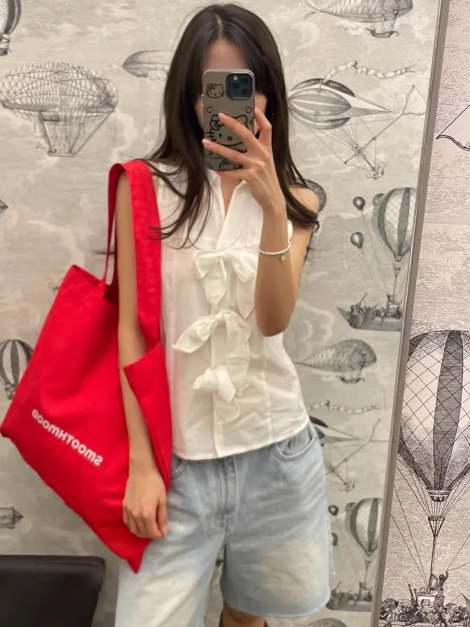 

Sleeveless Knot Shirt Women's Waist Cinching Slimming Collar Vest Top Casual Style Cotton Blend Fabric