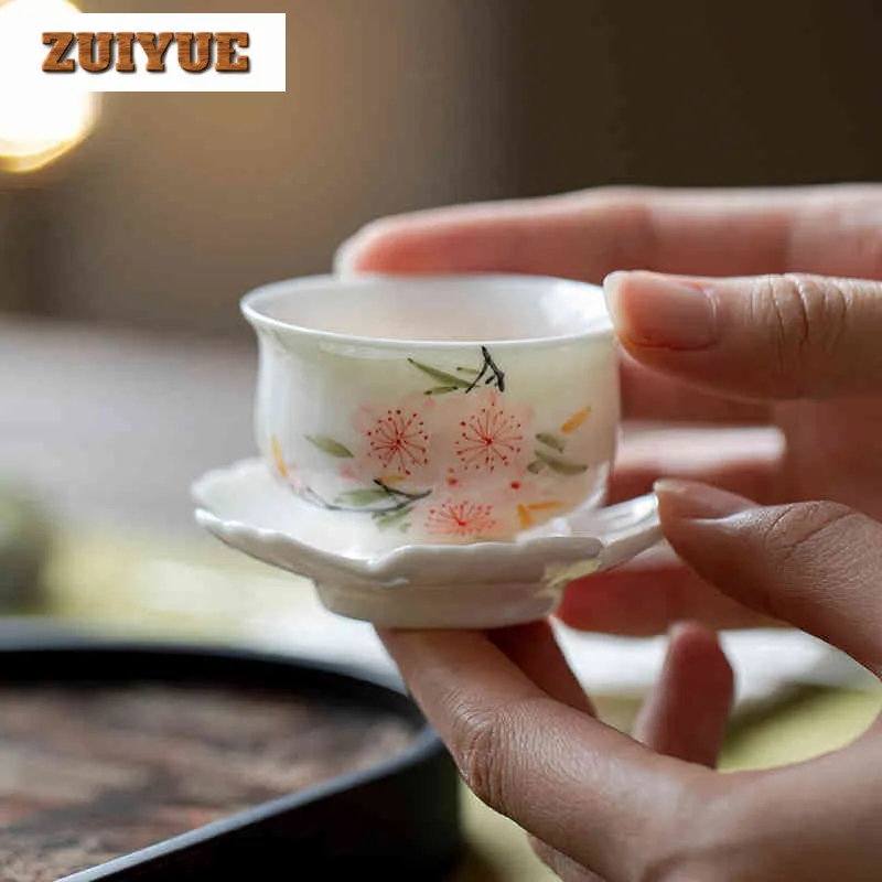 

50ml Hand-painted Peach Blossom With Coaster Teacup Boutique Tea Bowl Mug Tea-tasting Smelling Cup Chazhan Master Cups Teaset