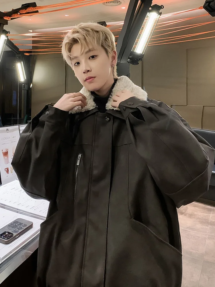 

American Sle Thiened, теплое хлопковое пальто из искусственной кожи, мужское зимнее пальто с меховым воротником из ягненка, пухозащитное летное хлопковое пальто