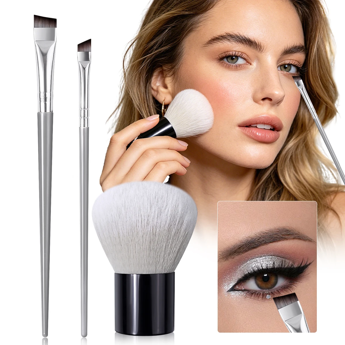 Juego de 3 brochas de maquillaje profesionales: brocha ultrafina para delineador de cejas en ángulo + brocha Kabuki grande y suave para polvos sueltos, suave