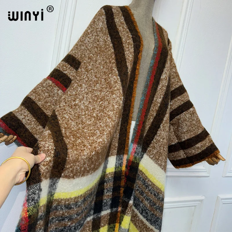 WINYI Winter African cardigan Classic plaid print abaya outfits for women Fringed coat Open Front Kimono long down party dress