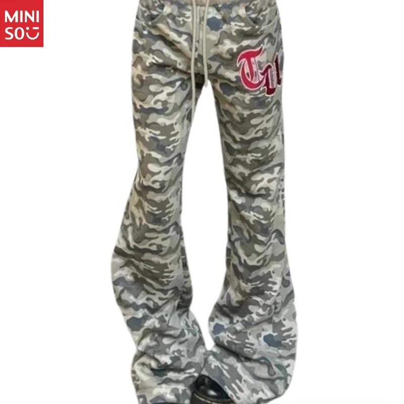 

Камуфляжные расклешенные джоггеры Miniso больших размеров, винтажные спортивные штаны 2025 года, уличные брюки с заниженными манжетами