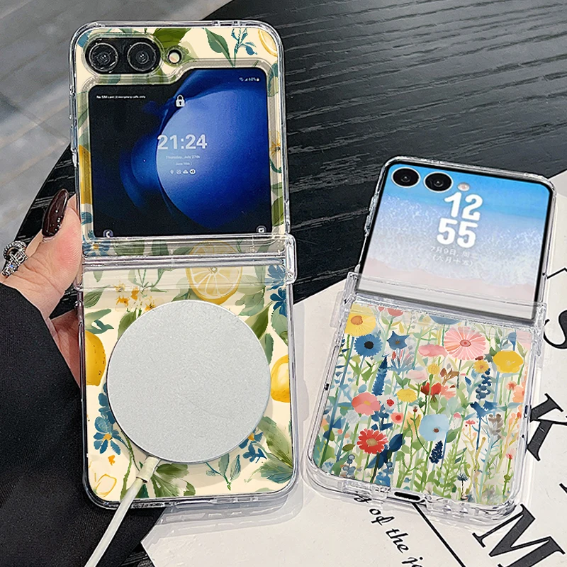 Retro Flower Pattern Magnetic Phone Case For Samsung Galaxy Z Flip 8 7 FE 6 5 4 For Magsafe Wireless Charging Clear Hard Cover