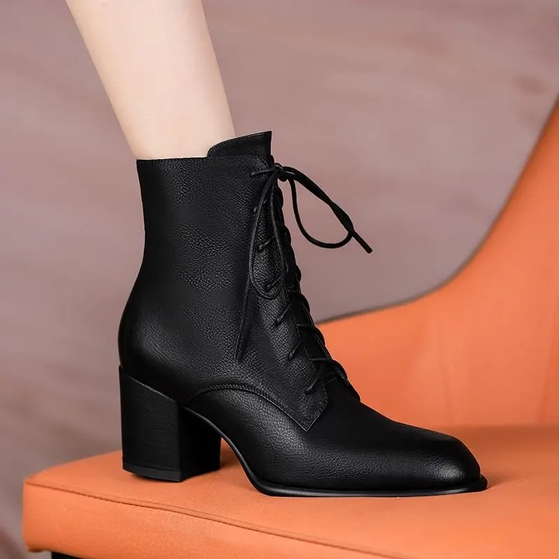 Chunky Heel Short Boots Women Retro British Style Pointed Toe Lace Up Shoes Solid Colour Side Zip High Heels Bota Para Mujer