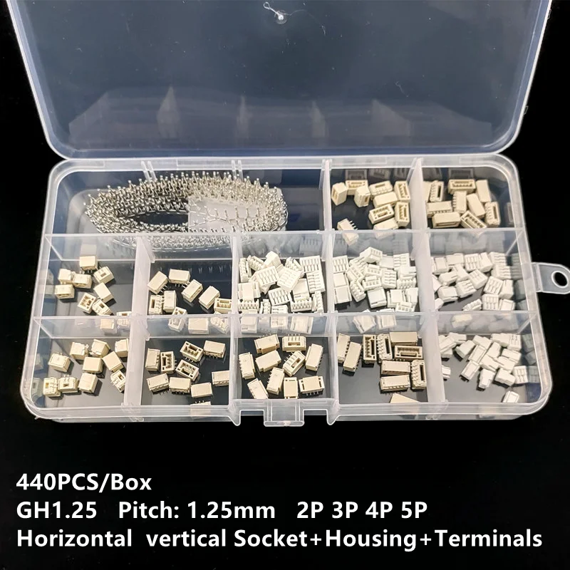 

440pcs/Box GH1.25 2p 3p 4p 5 Pins 1.25mm Pitch Terminal Kit / Housing / SMD Pin Header Connector Wire Adaptor GH Kits