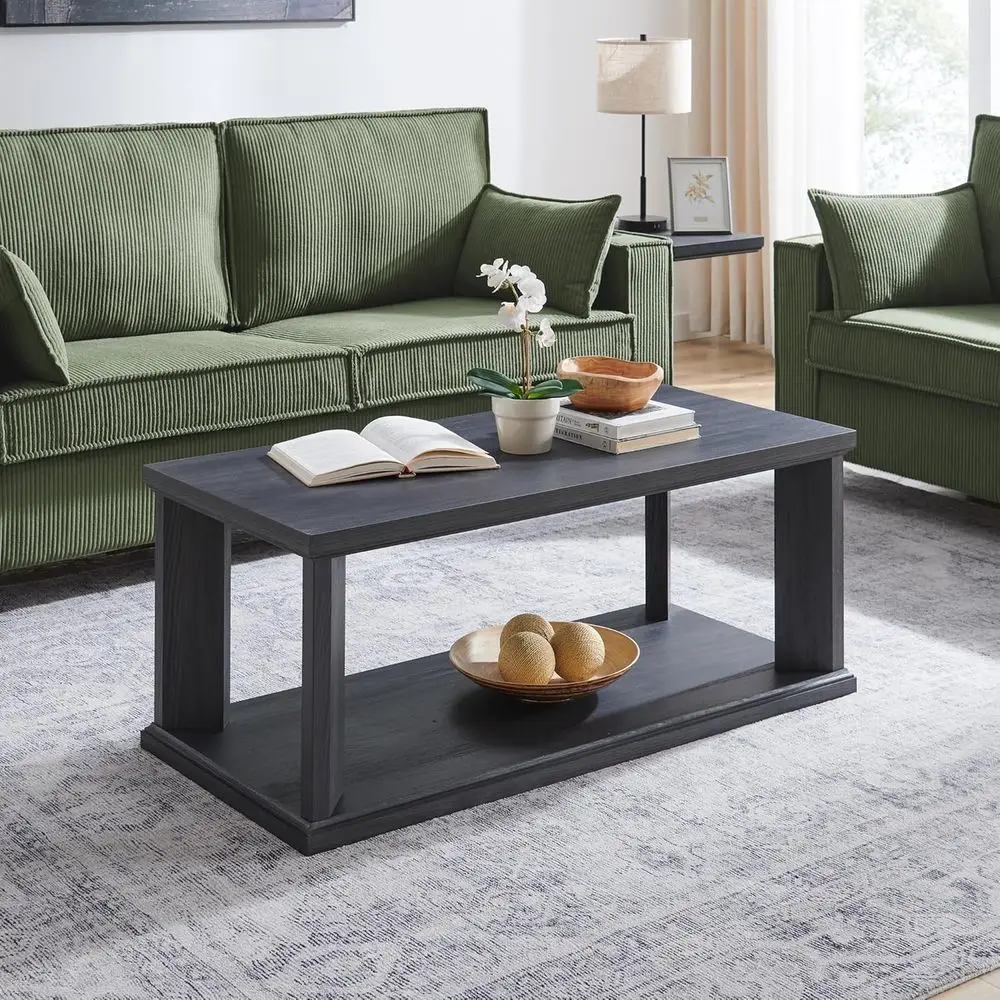 Houten salontafel met 2 niveaus en opbergruimte voor woonkamer, thuiskantoor of slaapkamer in grijs