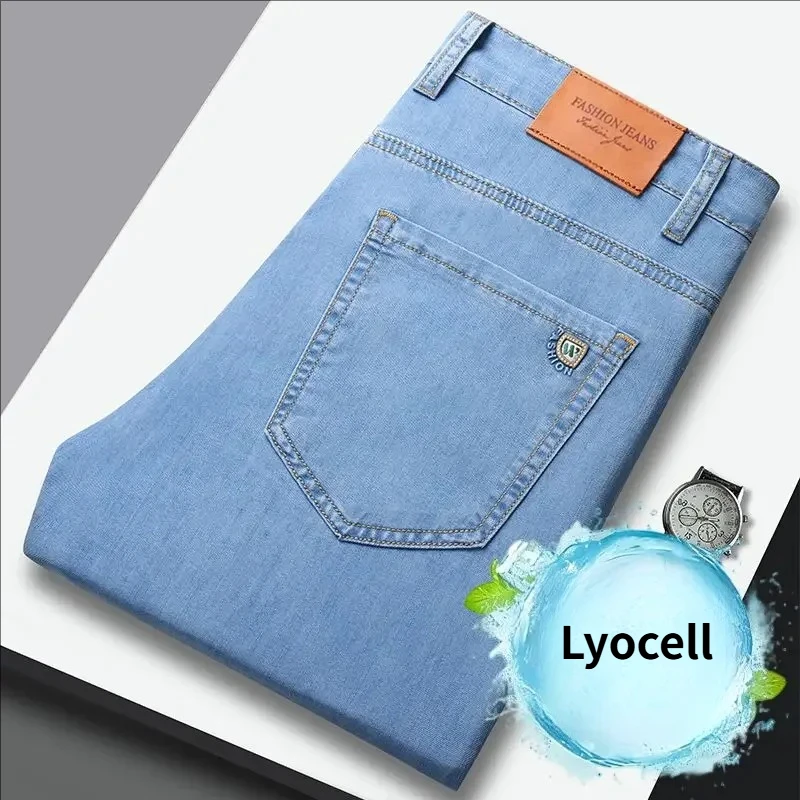 Brand Clothing Summer Thin Men's Jeans Lyocell Soft Breathable Loose Straight Light Blue Denim Pants Business Casual Trouser Man