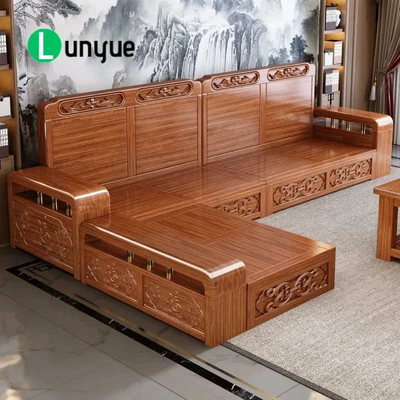 Solid Wood Chinese Sofa Walnut Gold Silk Carved Storage Living Room Furniture Small Apartment Winter Summer Dual Purpose