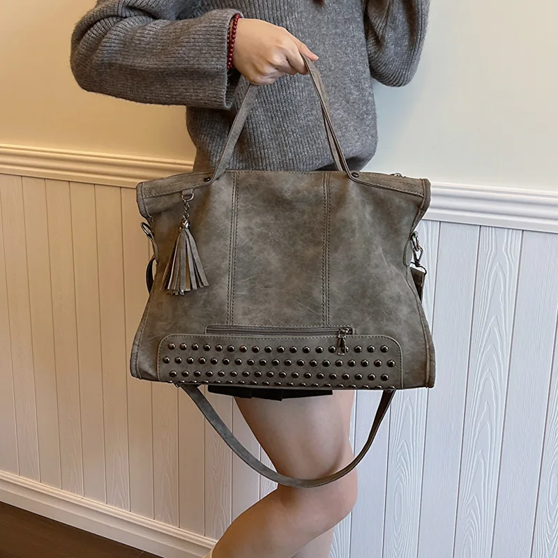 

Rivet Tassel Motorcycle Bag for Women Frosted Leather Handbag Shoulder Crossbody Bag Large Capacity Tote Bag Fashion Commute