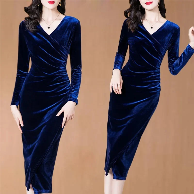 2024 New Spring And Autumn Gold Velvet V-Neck Dress Women's High-End Light Luxury Temperament Sexy Long Hip Dres Party Dresses