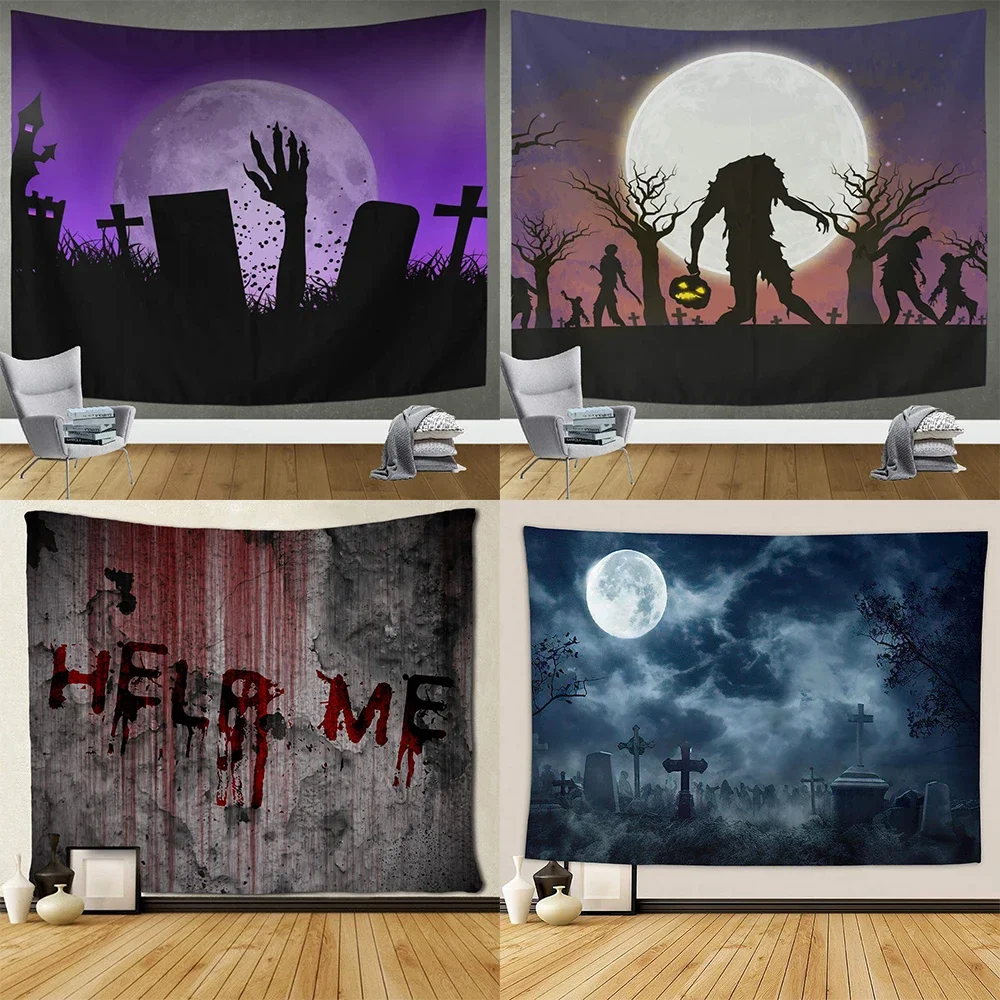 Zombie Tapestry Behind Wooden Doors Halloween Tapestry Fear Wall Hanging Bedroom Living Room Dormitory Home Decor Tapestry