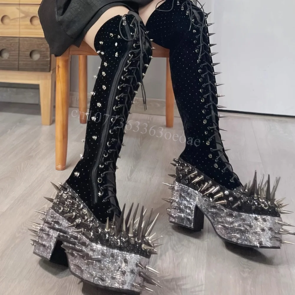 

Suede Muffin Bottom Thigh High Boots Pointed Rivet Decor Shoes for Women Cross Tied Fashion Shoes 2024 Zapatos Para Mujere