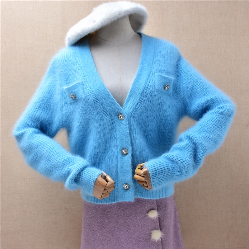 

Ladies Women Autumn Winter Fashion Hairy Plush Mink Cashmere Knitted Long Sleeves Crop Top V-Neck Loose Cardigans Sweater Jacket