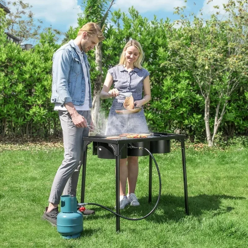 VIVOHOME موقد خارجي 3 شعلات، كحد أقصى. 225,000 وحدة حرارية بريطانية/ساعة، طباخ ثلاثي البروبان عالي التحمل مع حامل أرجل قابل للفصل