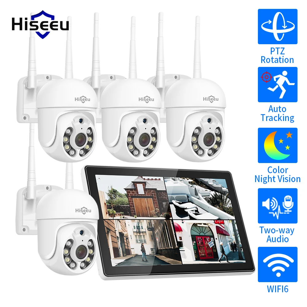 

Hiseeu 3/5MP Wireless Security Camera Kit Waterproof IP Camera Surveillance CCTV System Set with 10.1" Monitor 10CH Wireless Set