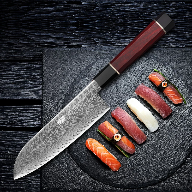 

FINDKING Knife New! Red Samurai Series 7 inch AUS-10 67 Layers Damascus Steel Knife Kitchen Nakiri Santoku Chef Knife