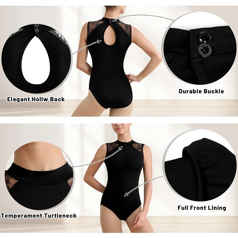 Ärmellose Ballett-Tanztrikots für Damen mit Rollkragen für Erwachsene und Kinder. Gymnastik-Tanktops mit Wassertropfen-Bodys mit hohlem Rücken