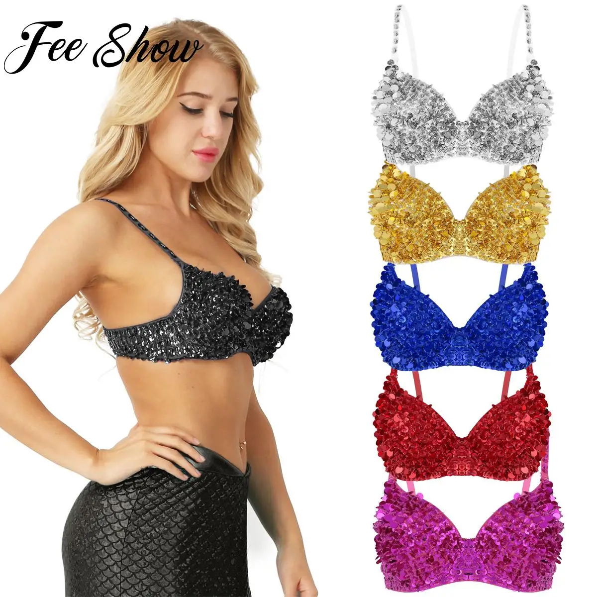 Womens Belly Dance Bustier Bra Carnival Pole Dancing Costume Rave Party Clubwear Sparkle Glittery Sequins Beading Padded Bra Top