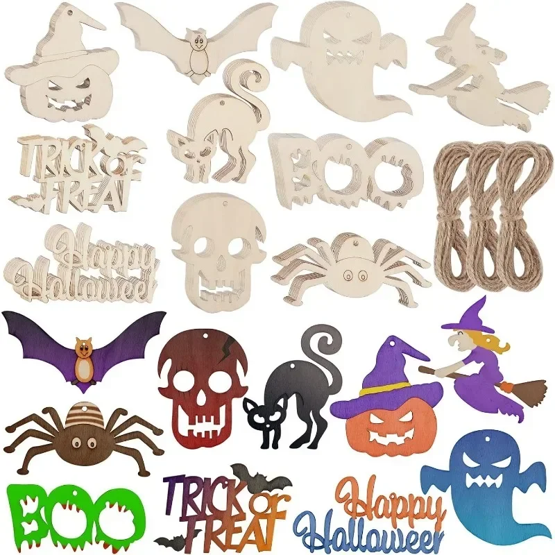 

10pcs Halloween Wooden Slices Cutouts Ornaments DIY Crafts Halloween Hanging Decorations for Party Favor Supplies