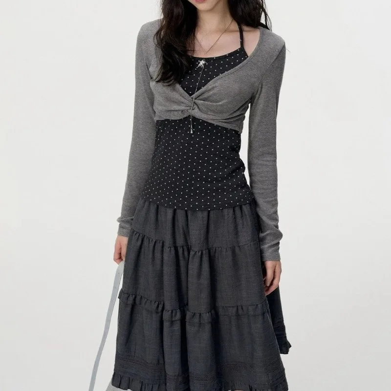 Kimutomo Women T Shirts Long Sleeve Patchwork Fake Two Piece Polka Dot Vintage Y2k Aesthetic Tops Autumn 2026 Fashion Casual - view 2