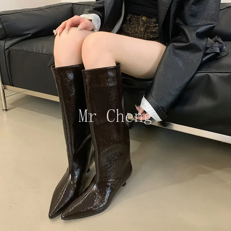 2024 Autumn/Winter New Burgundy Textured Leather High Boots with Pointed Toe Cat Heel Not Over-the-Knee Wide Calf Boots