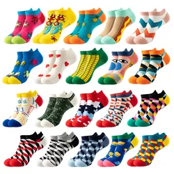 Chaussettes décontractées à carreaux drôles pour hommes et femmes, chaussettes en coton, chaussettes basses, couleur bonbon colorée, mode Harajuku, fruits animaux, rinçage