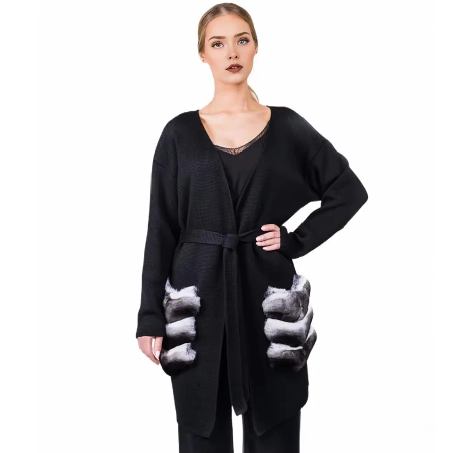 Women Fur Cardigan Cashmere Sweater Knee-Length Coat With Rex Rabbit Fur Trim Pockets