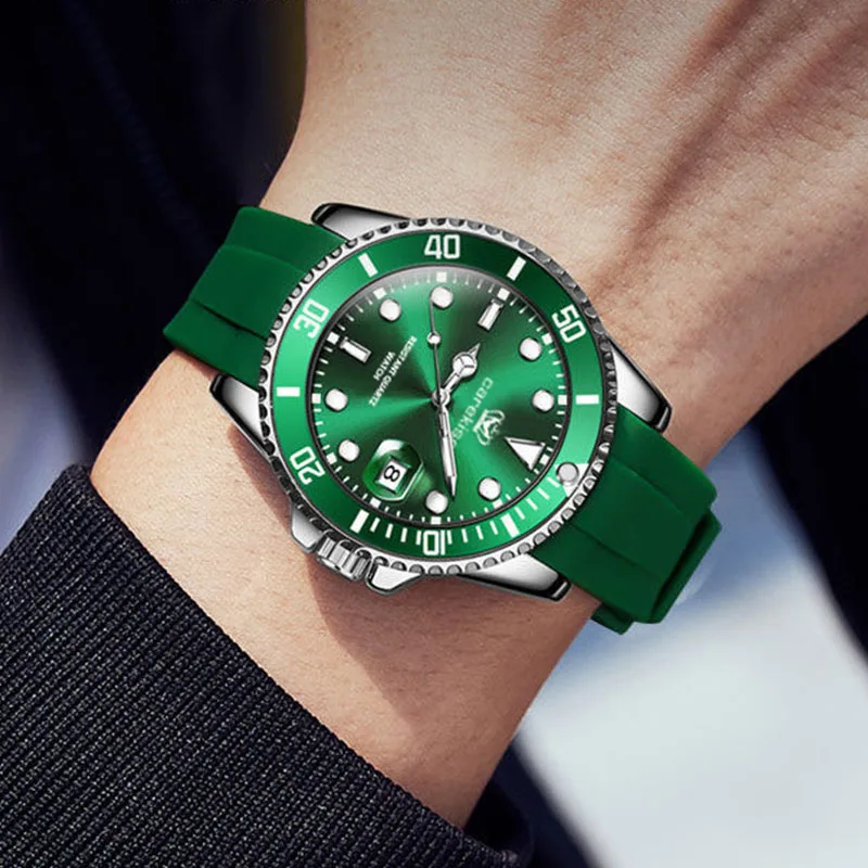 POEDAGAR Top Brand Luxury Fashion Silicone Strap Green Dial Diver Watch Men Waterproof Date Quartz Clock Sport Mens Watches Gift