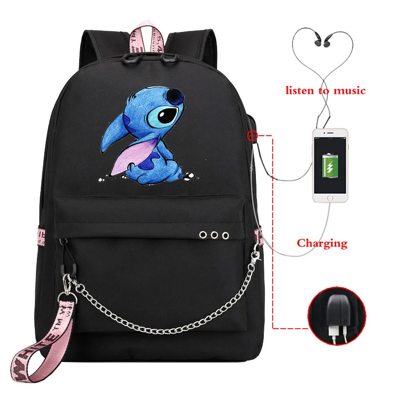 Disney Stitch Bag Zipper USB Charging Mochila Capacity Backpack Women Kpop School Bags for Teenage Girls Students