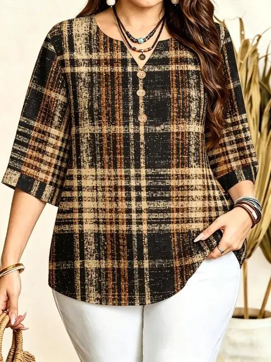 Women Vintage Plaid Print Blouse Notched Neck 3/4 Sleeve Loose Fit For Curvy Figures Daily Casual Ladies Tops