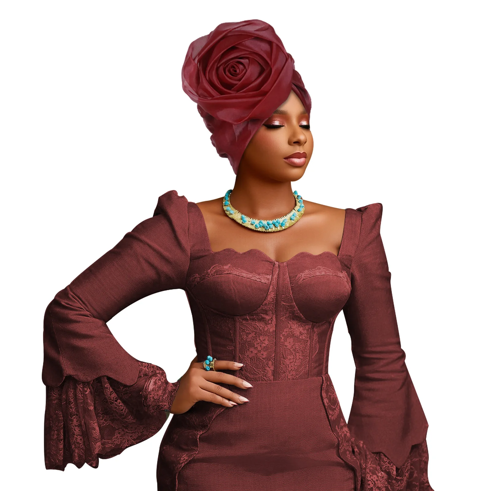 

Rose Flower Design Turban Cap for Women Nigeria Wedding Party Headgear African Lady Wrap Head Bonnet