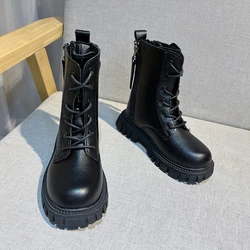 Black Girls Boots with Anti Slip and Waterproof Flat Heel Midsole Back Zipper Winter Microfiber Leather Fashion Boots De Mujer