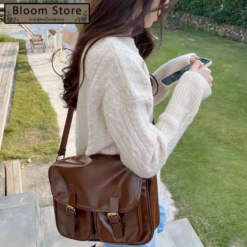 

Bloom Large Capacity Brown Messenger Bag Women Vintage Soft Chic Pu Leather Handbag Female Haruku Casual Crossbody Bags New