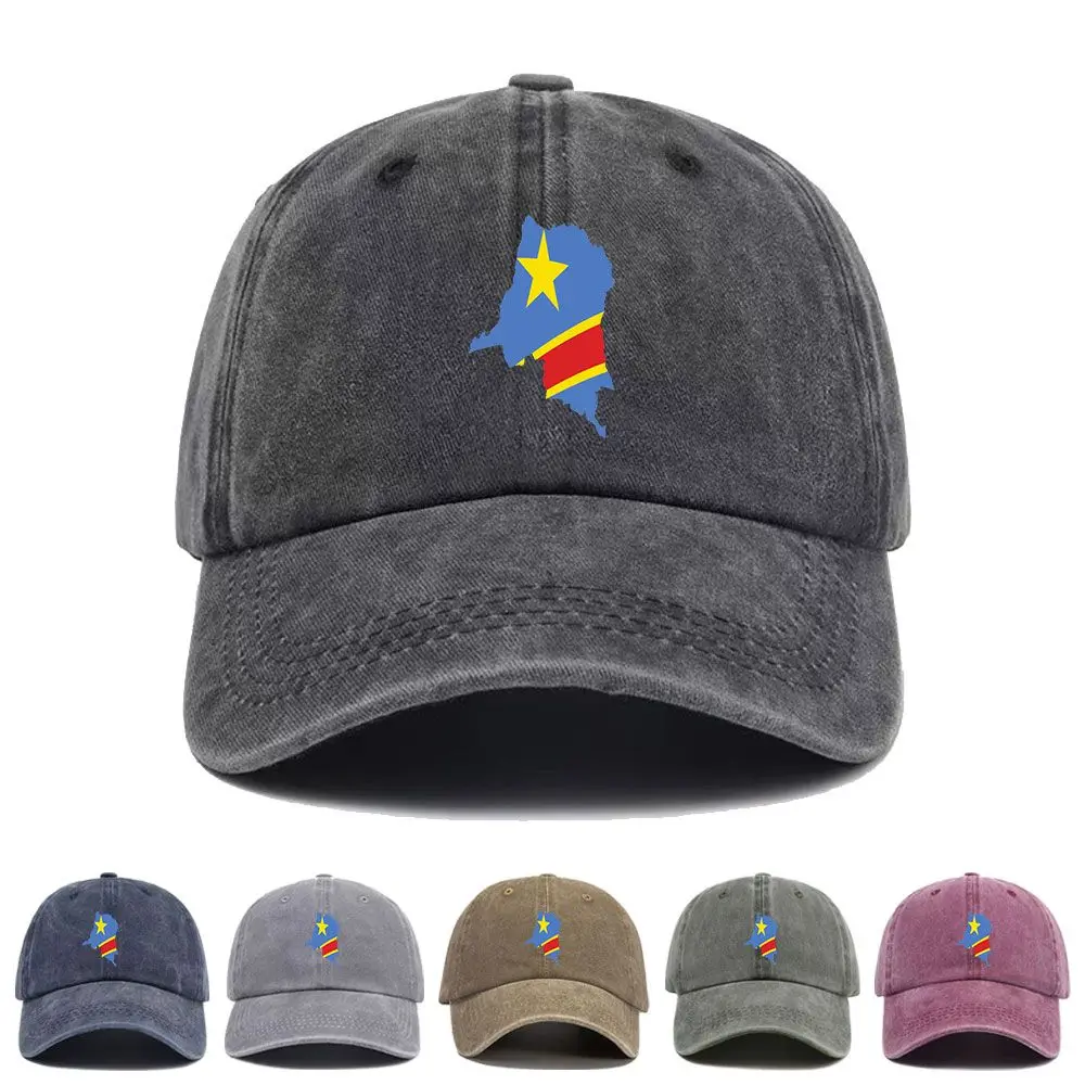 Vintage Washed Baseball Cap Democratic Republic Of Congo Flag Map Print Graphic Unisex Streetwear Casual Trucker Cotton Hat
