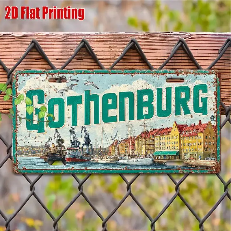 2D Flat, 1pc Vintage Gothenburg Sweden Metal Tin Sign - 30.48cm x 15.24cm Classic Swedish Cityscape Wall Art with Landmarks,
