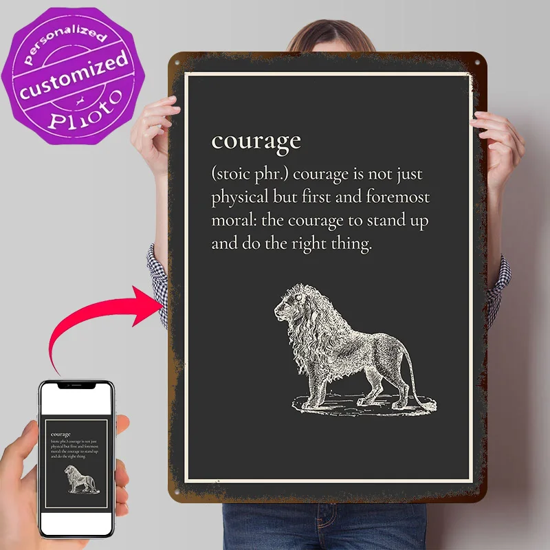 Affiche Métallique 3D Texture Virtue Stoïque du Courage, Décoration Murale Personnalisée, Plaque en Étain, Cadeau pour la Décoration de la Caverne Masculine, Accessoires de Décoration Intérieure, Panneaux Amusants