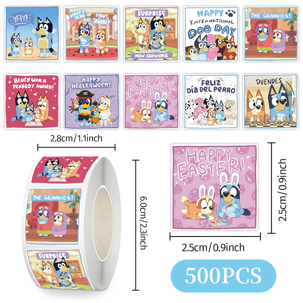 

500pcs/Roll Cartoon Bluey Little Theater of Words Roll Roll Sticker DIY PVC Laptop Decals Decoration Stiker Reward Gift Toys
