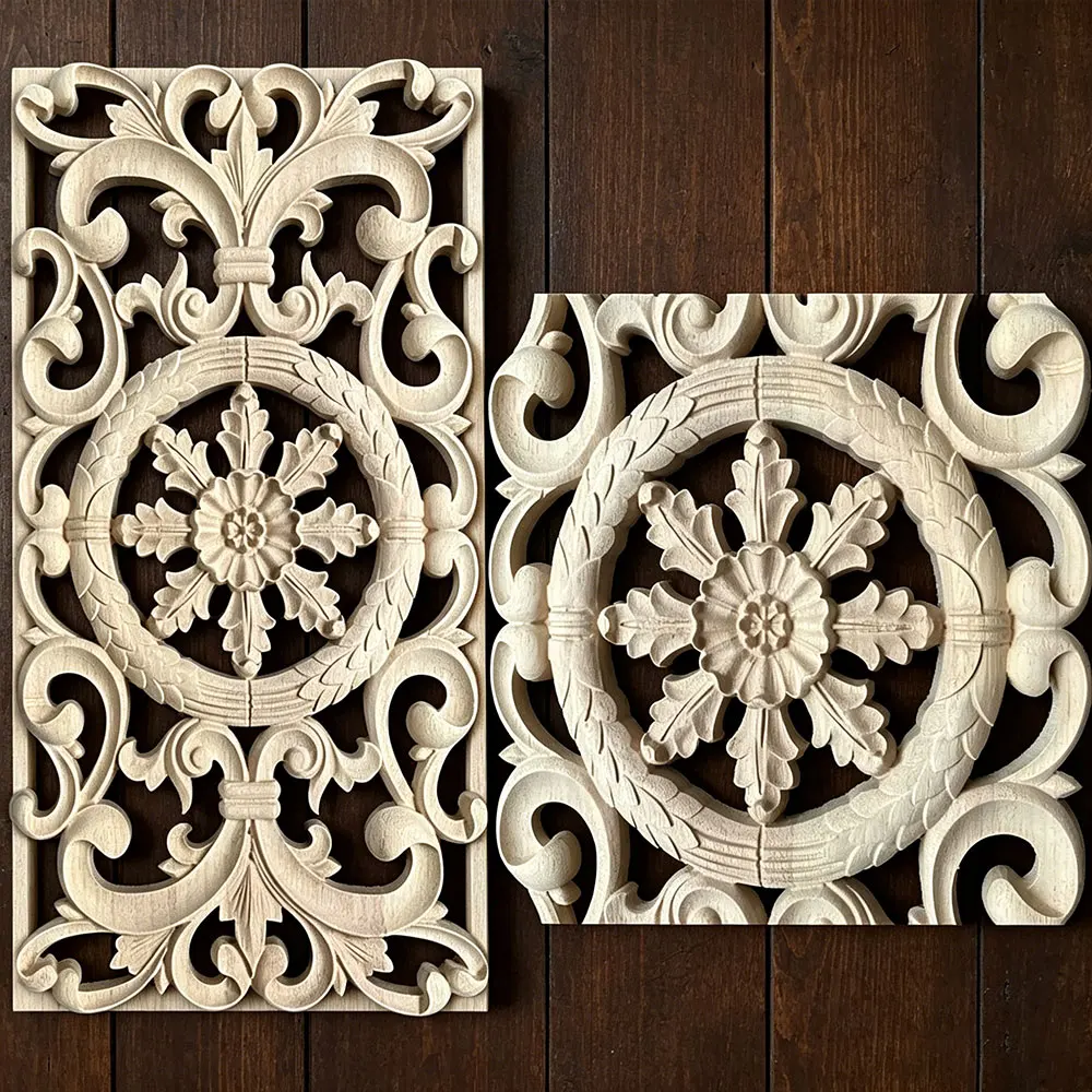

2PCS Wood Carving Natural Wooden Appliques Door Furniture Cabinet Decorative Unpainted Wooden Mouldings Decal Vintage Home Decor
