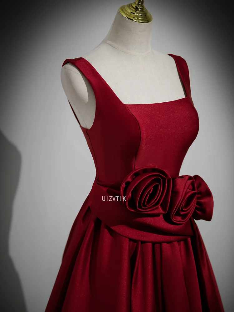 Бордовое роскошное вечернее платье трапециевидной формы, женское атласное платье с 3D цветами без рукавов и открытой спиной, платья для торжественных случаев по индивидуальному заказу