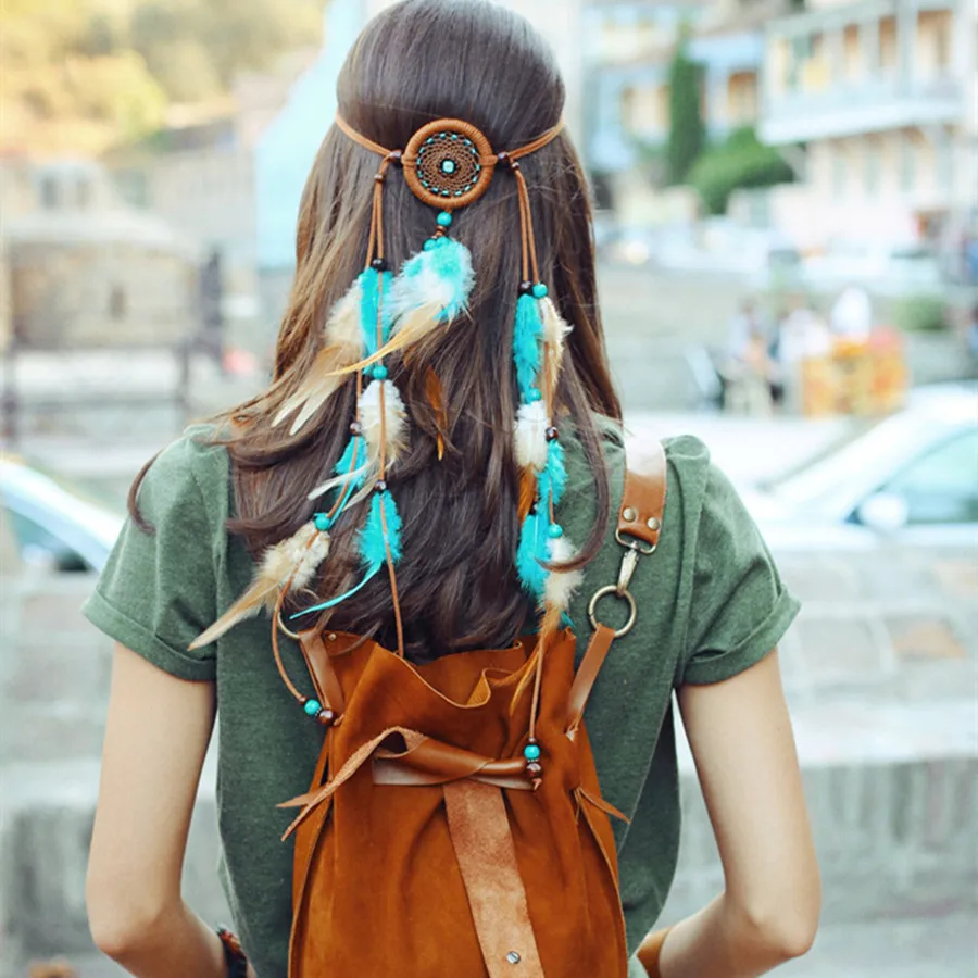 2023 Fashionable Boho Feather Headband Wig Beaded Feather Headdress Handmade Hair Clip Girl Hair Accessories gift High Quality