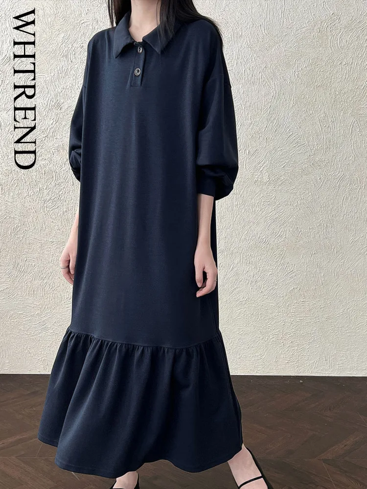 WHTREND Abito camicia lunga con volant patchwork con risvolto per donna Autunno Nuovi abiti moda vestibilità ampia WH1683