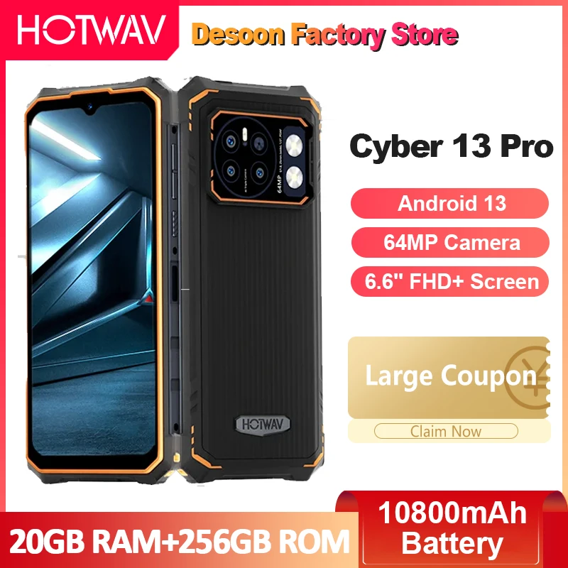 HOTWAV Cyber 13 Pro Smartphone 6.6'' FHD+ 20GB+256GB Android 13 64MP Camera 10800mAh battery 20W Charging Octa-Core Phone