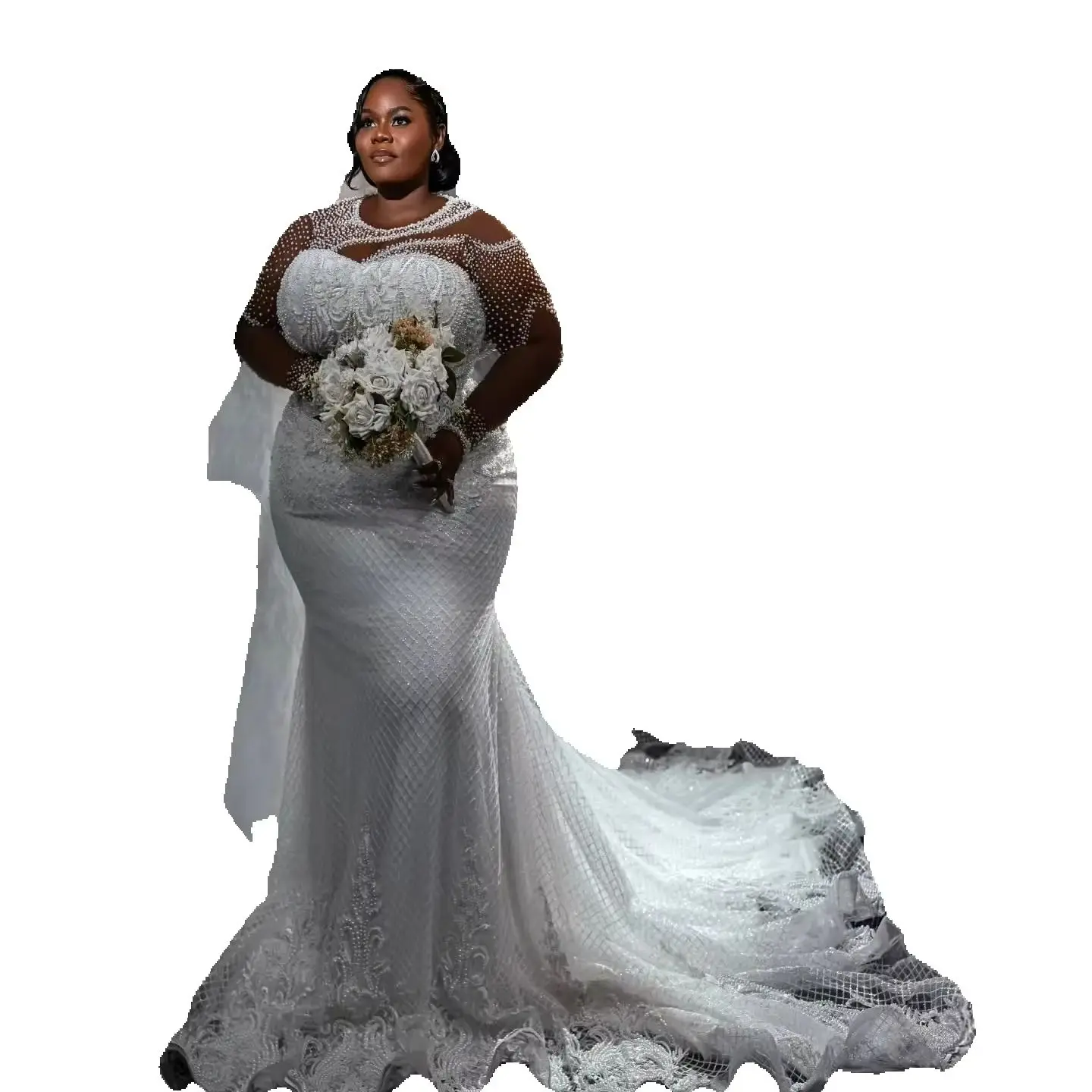Customized  Sheer Neck Sparkly Beads  Elegant Wedding Dress   Robe De Mariée  Plus Size Full Sleeves Lace Appliques  Bridal Gown