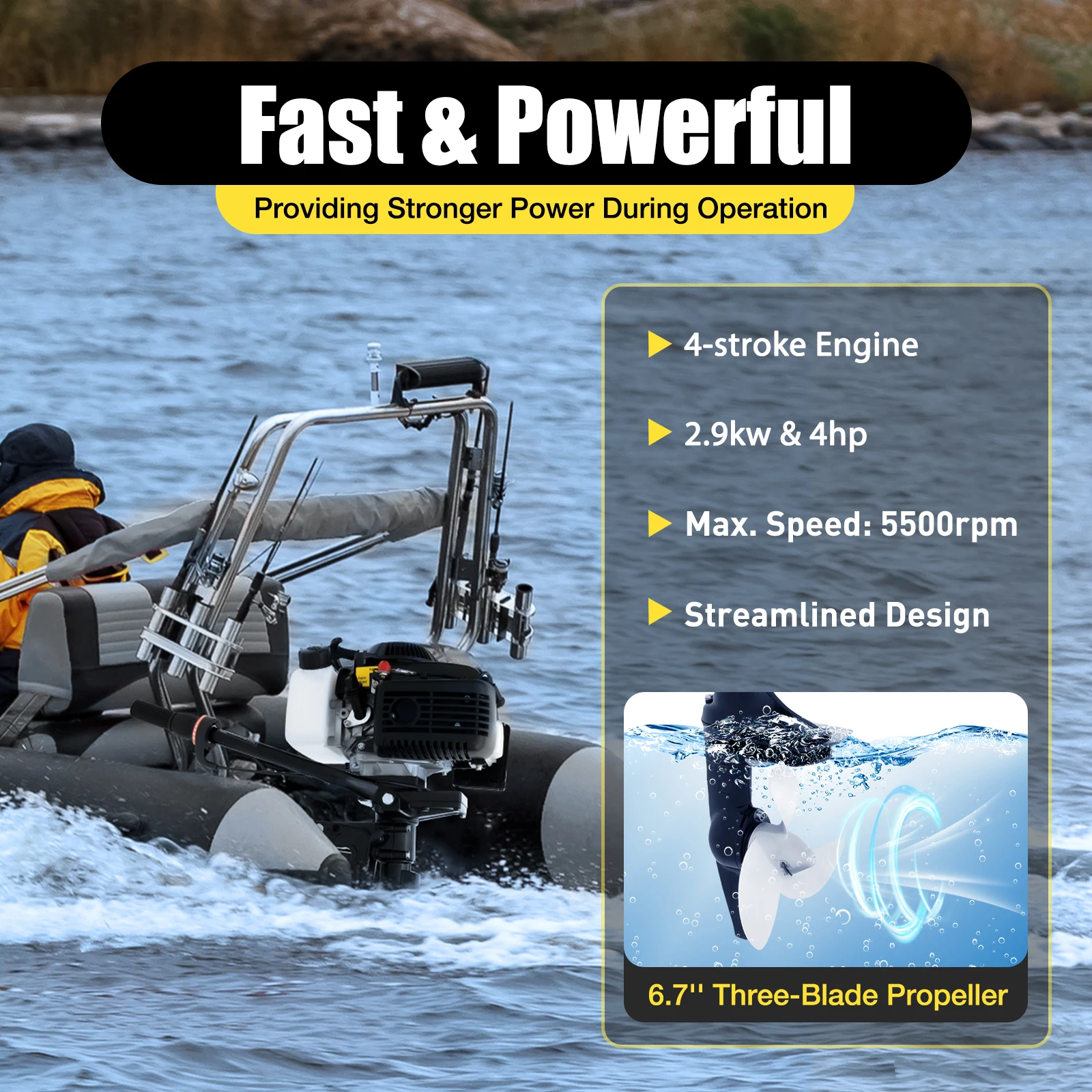 4HP Outboard Motor 4-Stroke Boat Engine with Air Cooling System Heavy Duty Household Outboard Engine Heavy Duty